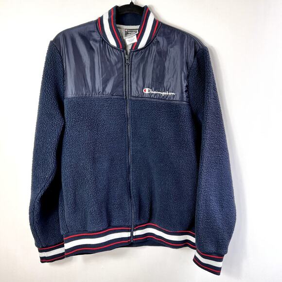 Champion Mens Navy Blue Varsity Sherpa Full Zip Jacket Size M - Picture 1 of 9